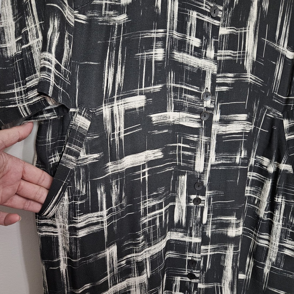 Bitte Kai Rand Shirt Dress Sz L Black Beige Brush Buttons Pockets Neck Tie - Picture 5 of 9